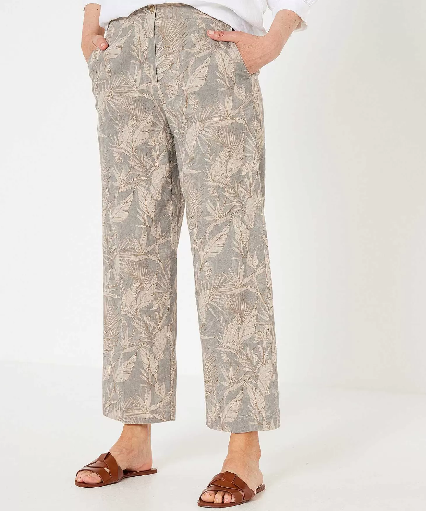 Linen Blend Cropped Pants Leaf Print Maine*Brax New