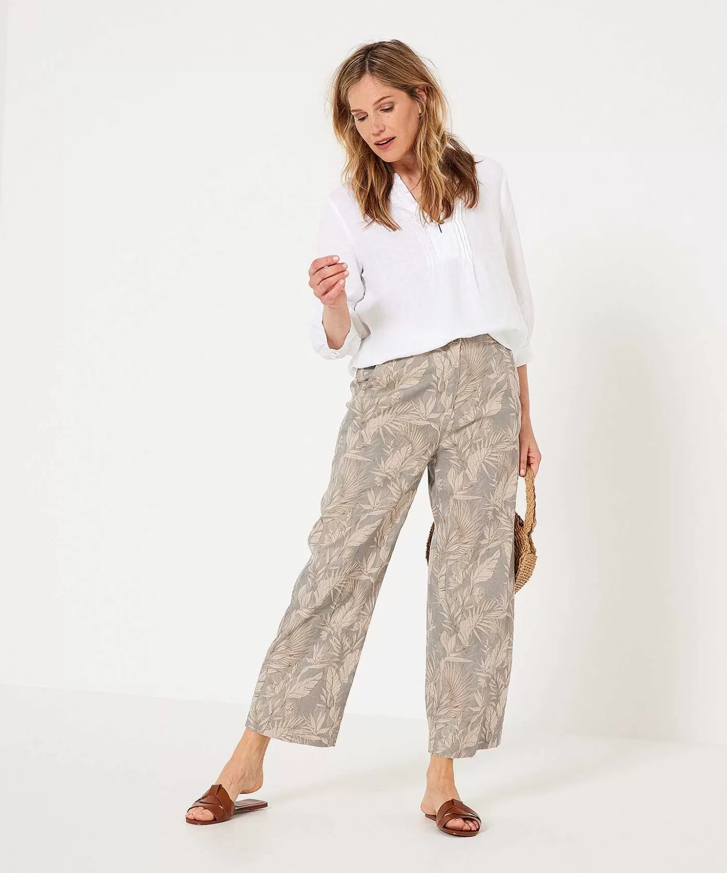 Linen Blend Cropped Pants Leaf Print Maine*Brax New