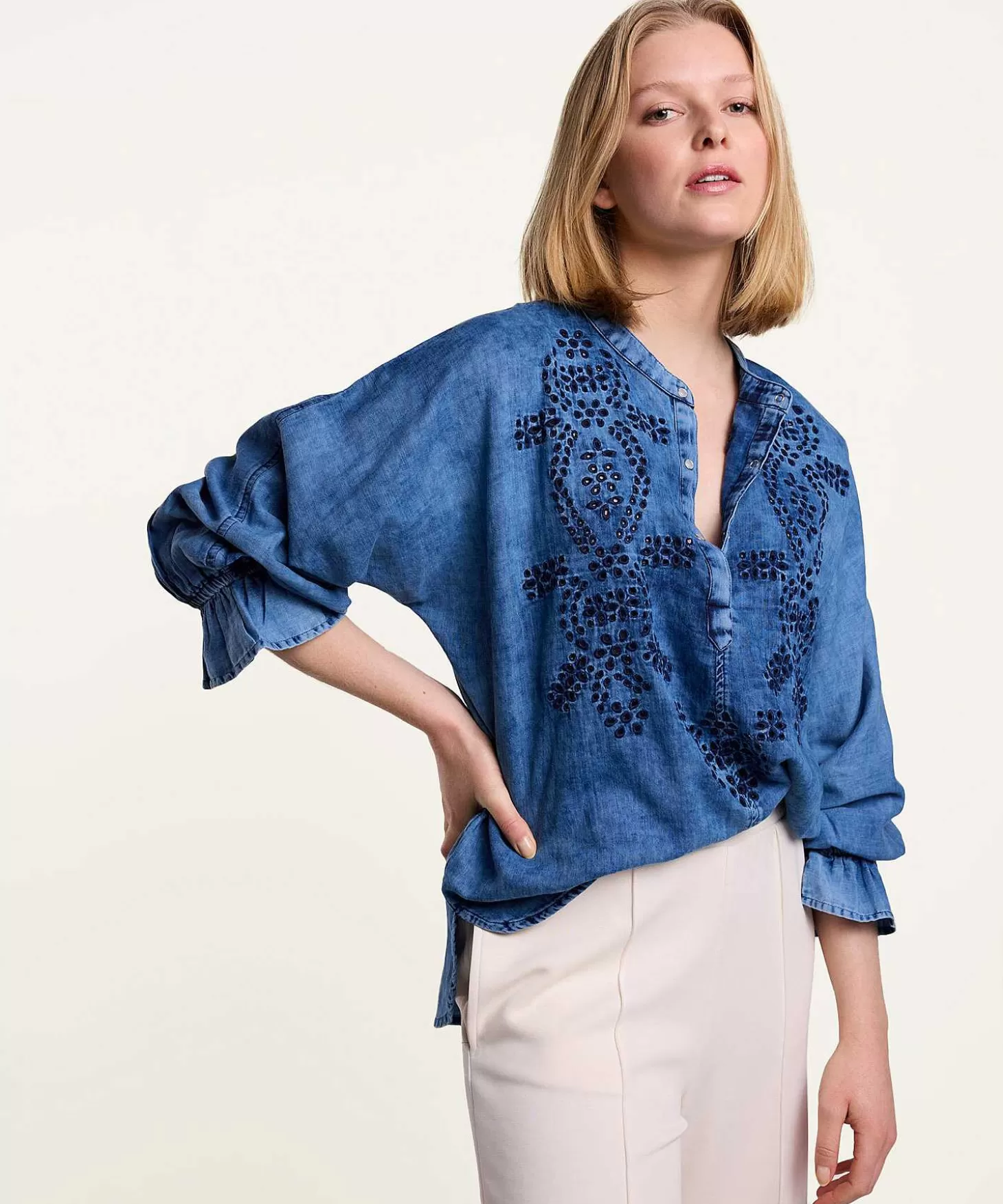 Denim Blouse Broderie Anglaise*Summum Cheap