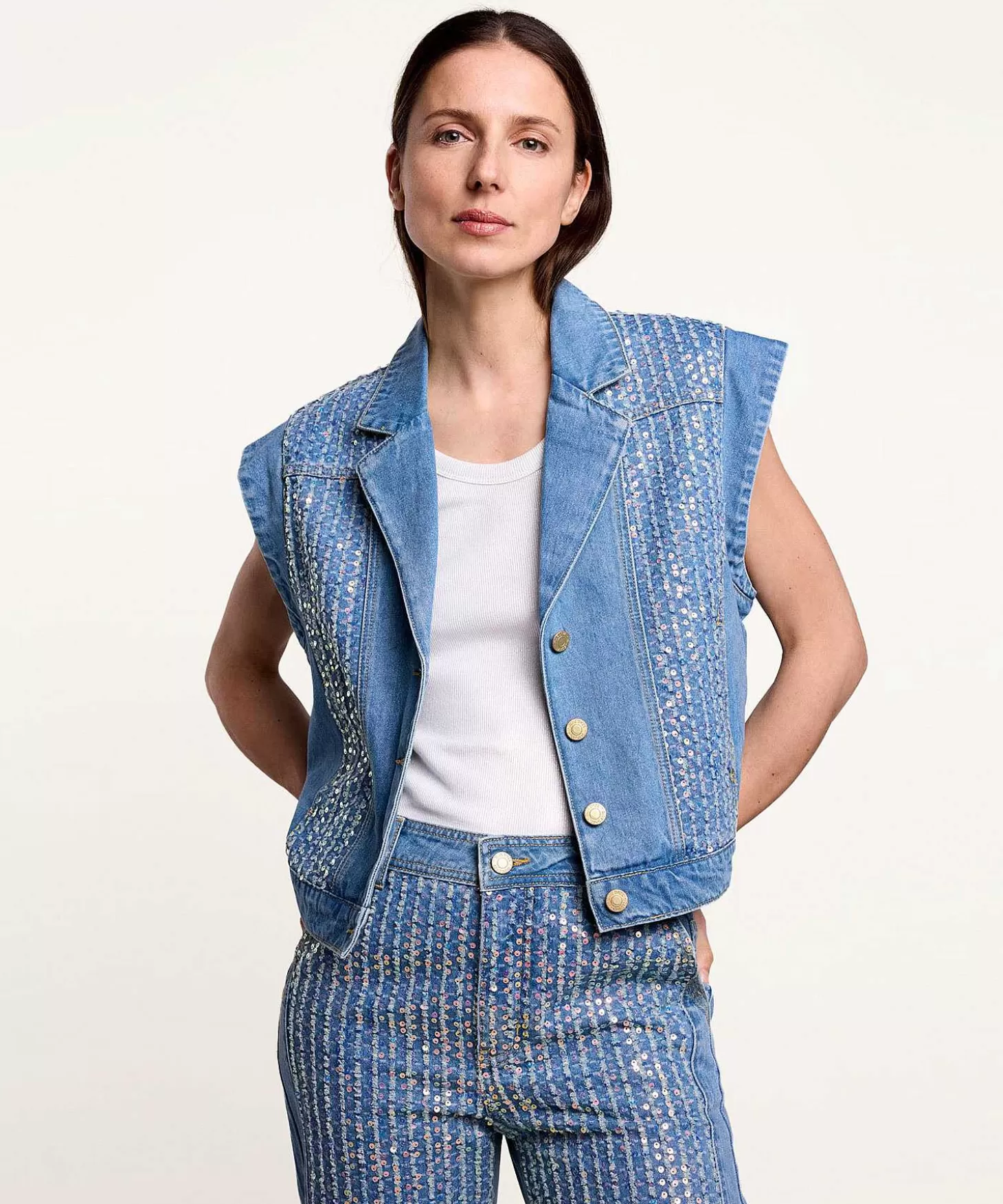 Denim Gilet With Sequins*Summum Clearance