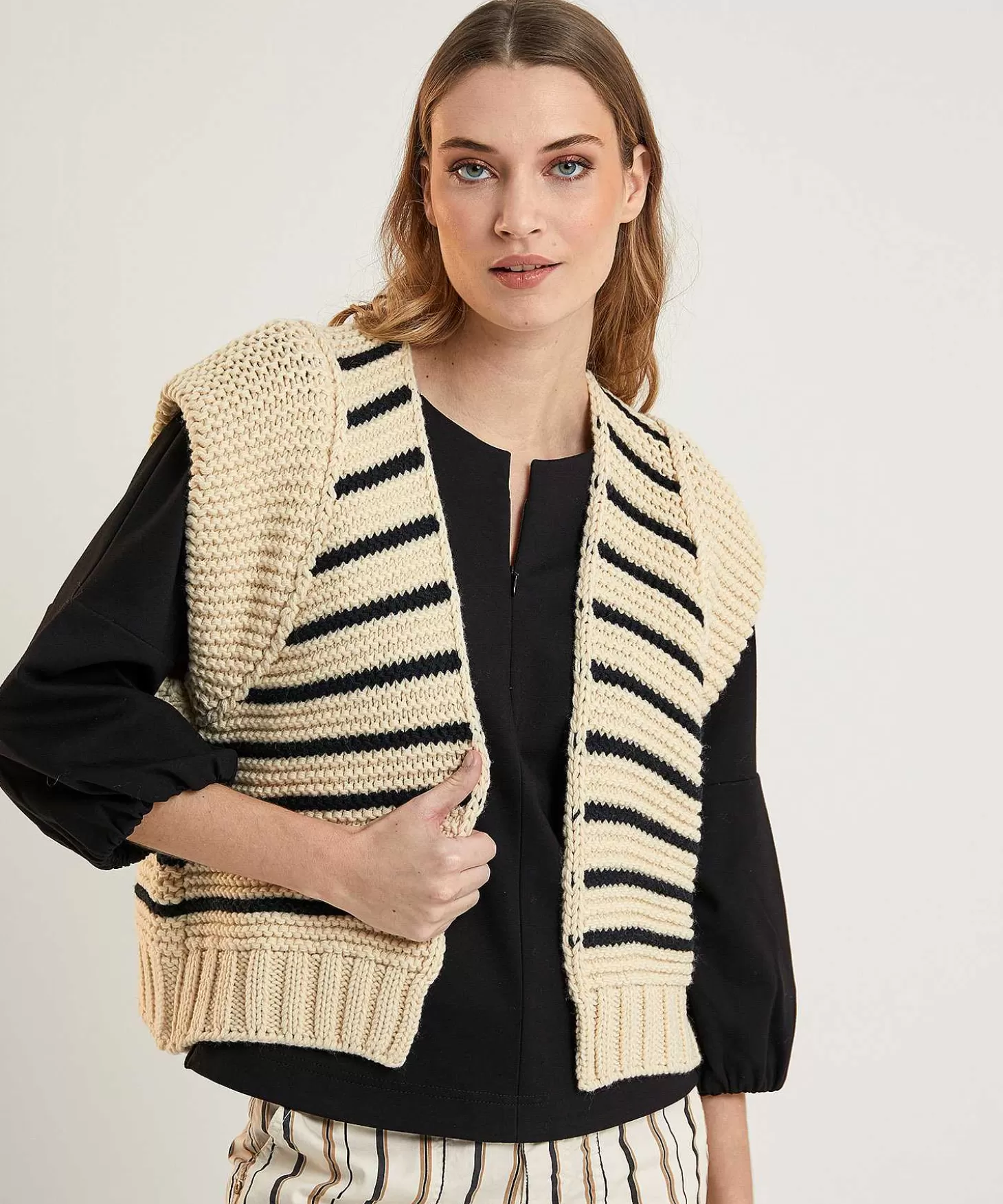 Sleeveless Cardigan Wool Mix Stripes*Summum Store